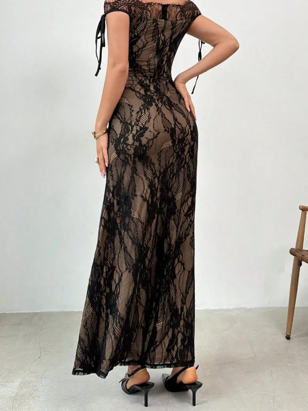 Black Elegant Women's Contrast Lace High Waisted Flared Bodycon Long Dress